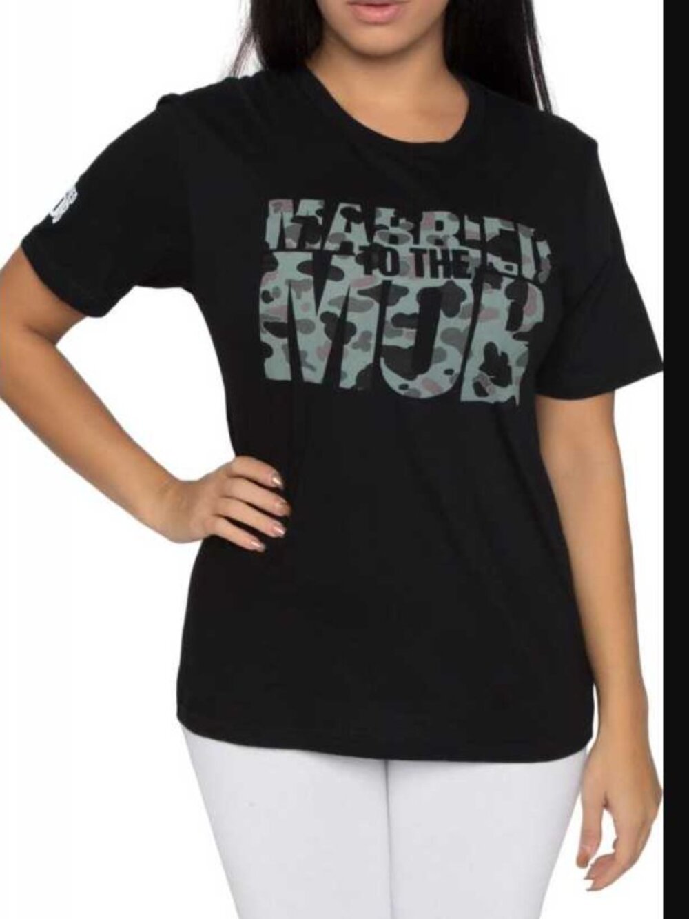New XS Married to the Mob camo logo black crewneck t-shirt